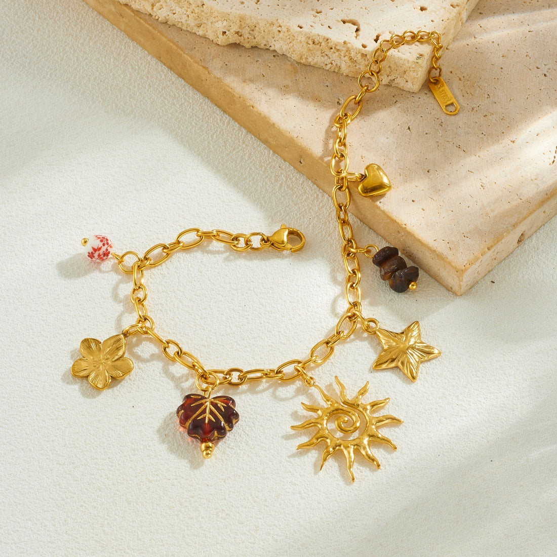 Vintage Gold Plated Stainless Steel Star Flower Leaf Pendant Necklace and Bracelet Set with Cable Chain