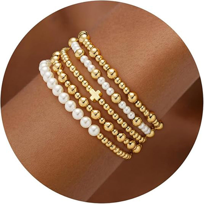 Vintage Geometric Pearl Shell Beaded Bracelet Set for Women