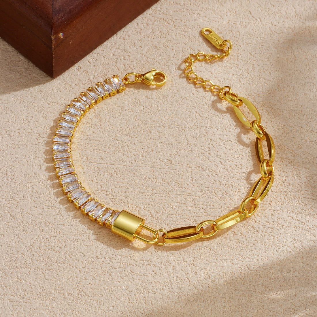 Vintage Gold Plated Lock Rhinestone Asymmetric Stainless Steel Bracelet for Women