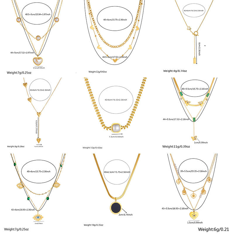 Vintage Minimalist Gold-Plated Stainless Steel Heart Butterfly Eye Pearl Pendant Multi-Layer Necklace