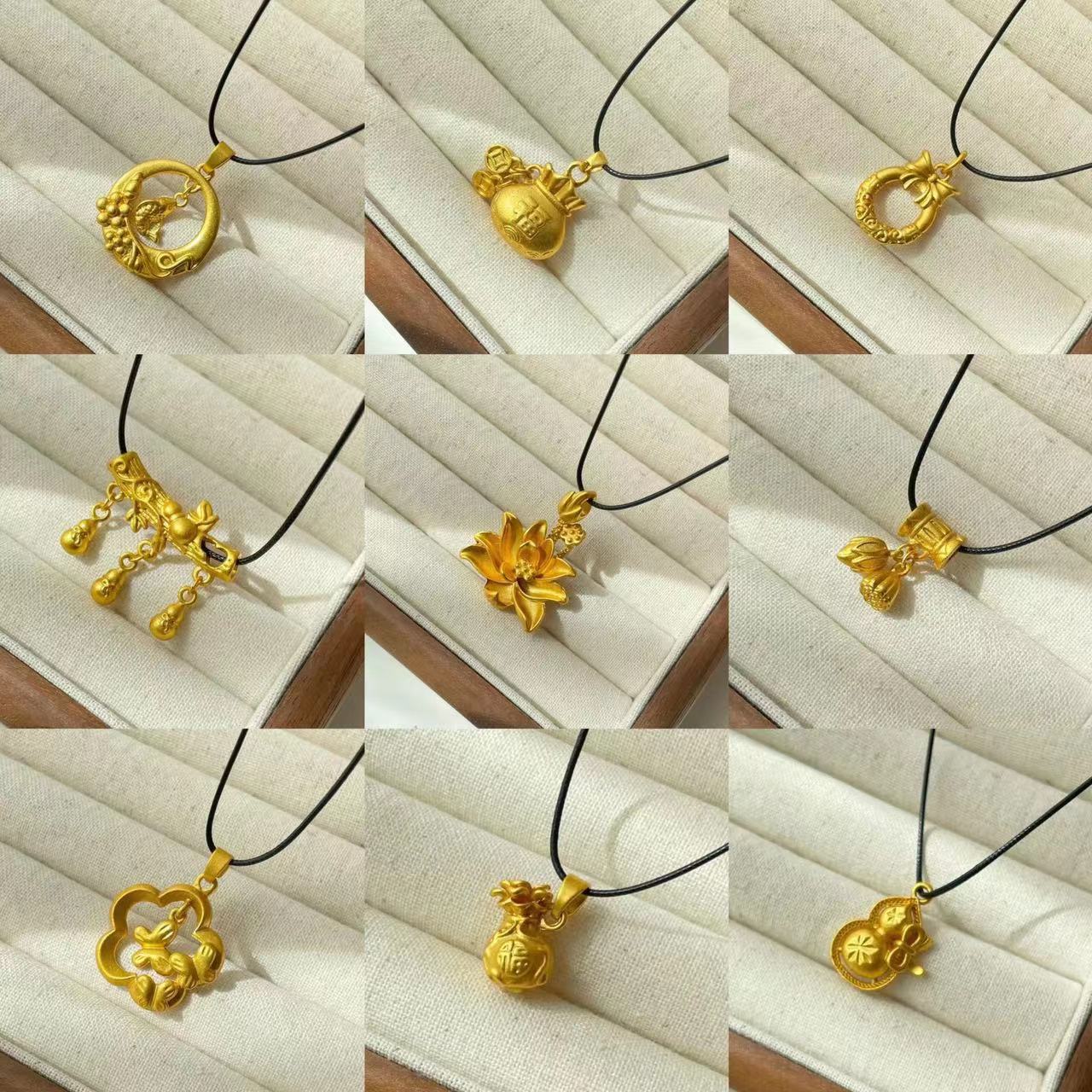 Collana con ciondolo a baccello di loto e zucca in stile etnico da donna con charm in rame placcato oro, dettaglio nappa, catena in cordino nero