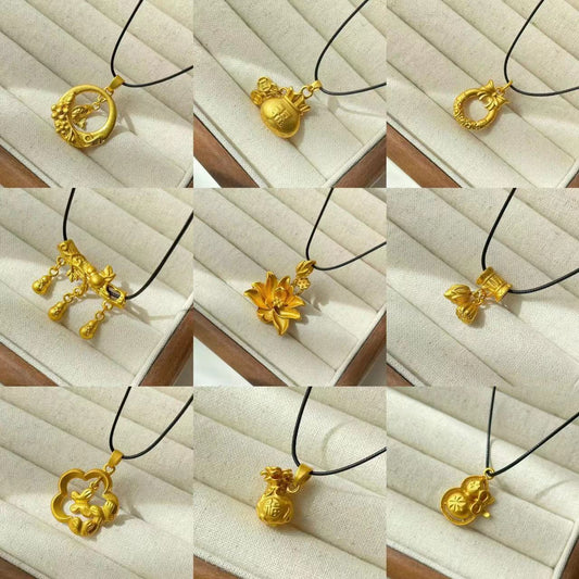 Collar con Colgante de Vaina de Loto y Calabaza de Estilo Étnico para Mujer con Charm de Cobre Bañado en Oro, Detalle de Borla, Cadena de Cordón Negro