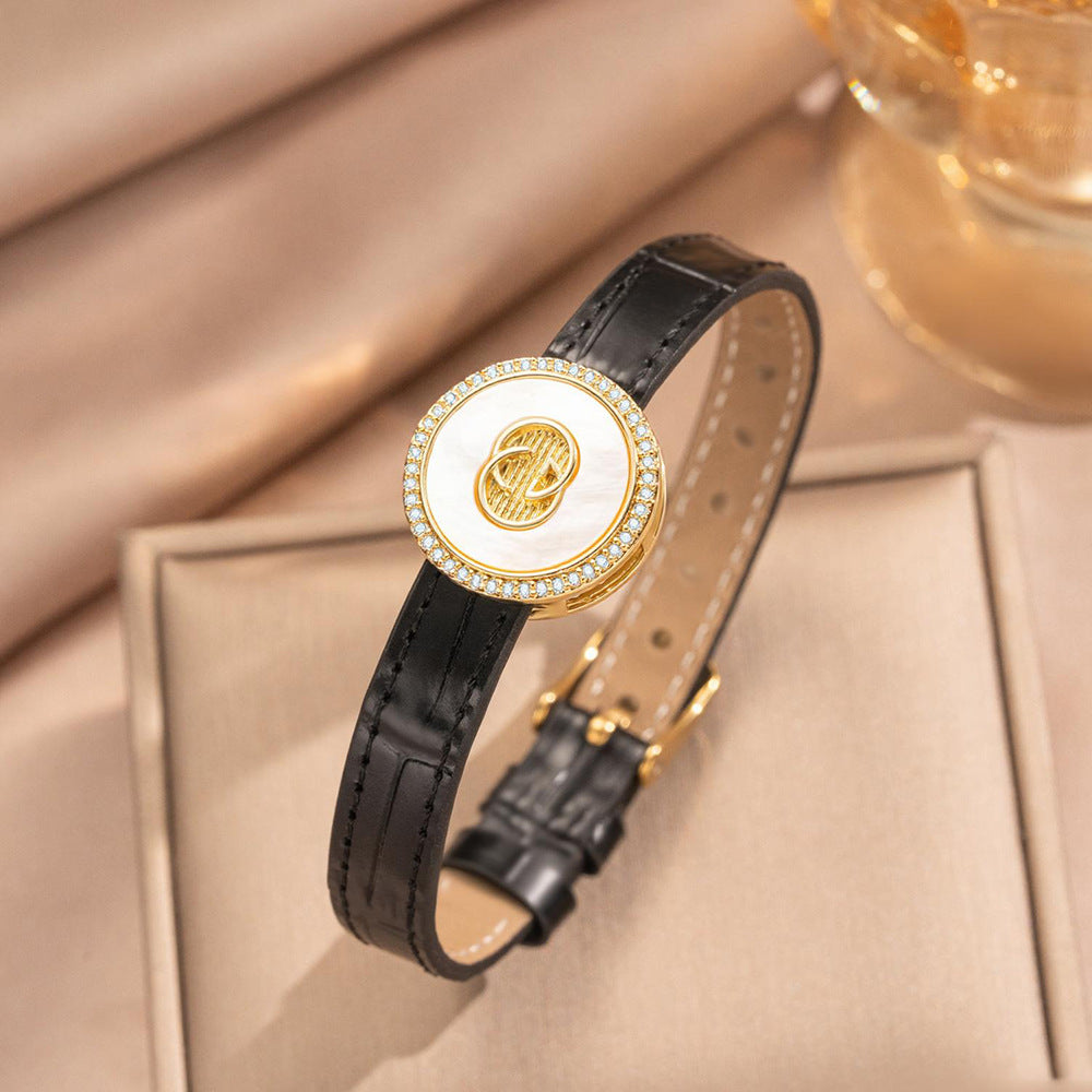 Minimalist Geometric Stainless Steel Buckle Bracelet with Genuine Leather Band for Women and Men