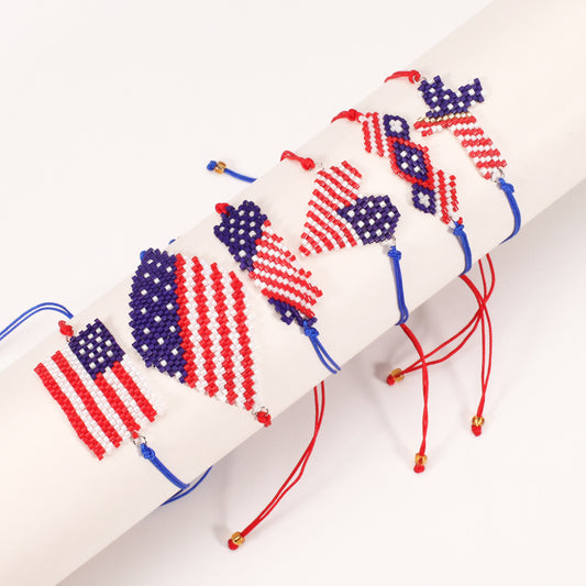 Handmade American Flag Pattern Heart Beaded Bracelet Unisex Thread Cord