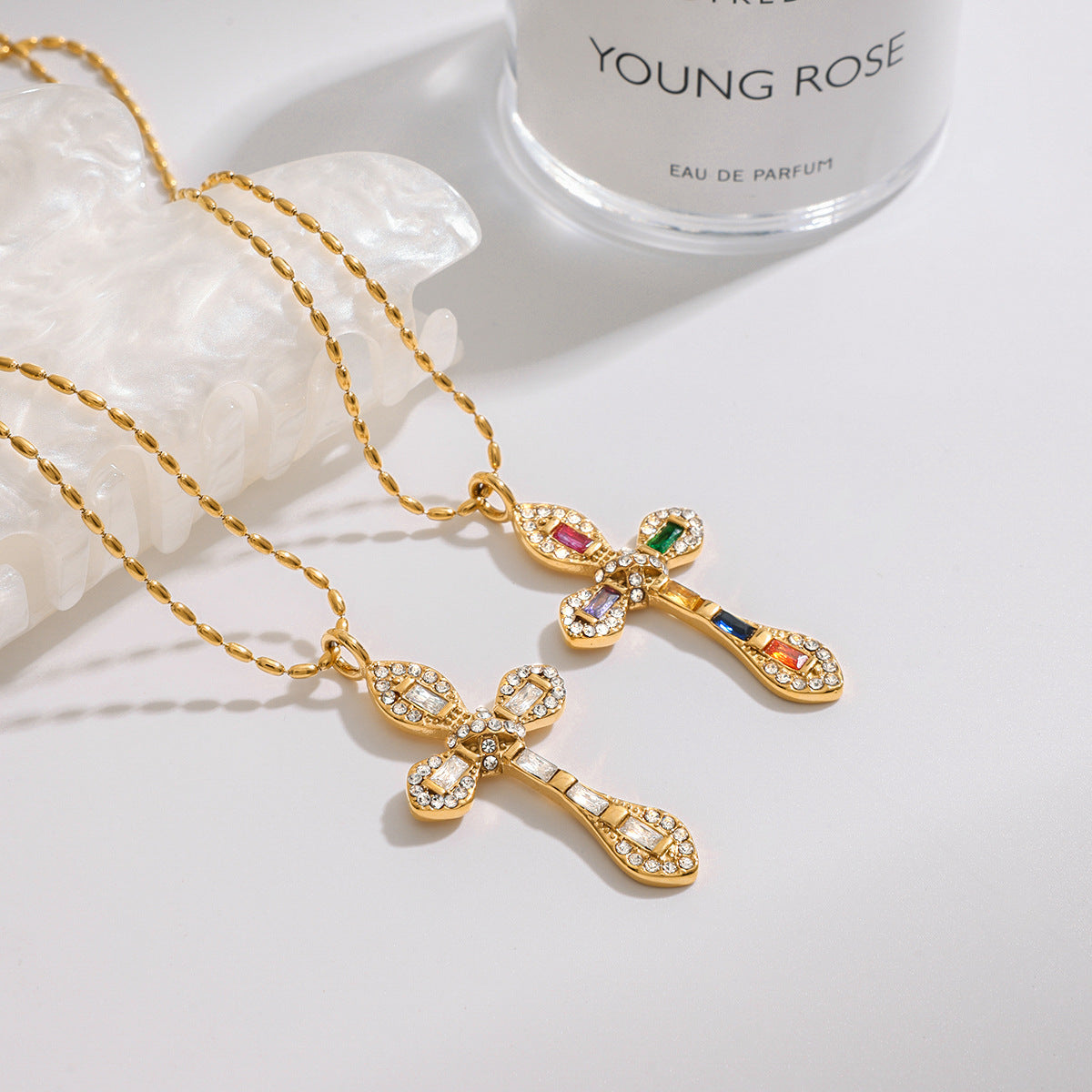 Elegant Cubic Zirconia Cross Geometric Titanium Steel Pendant Necklace for Women