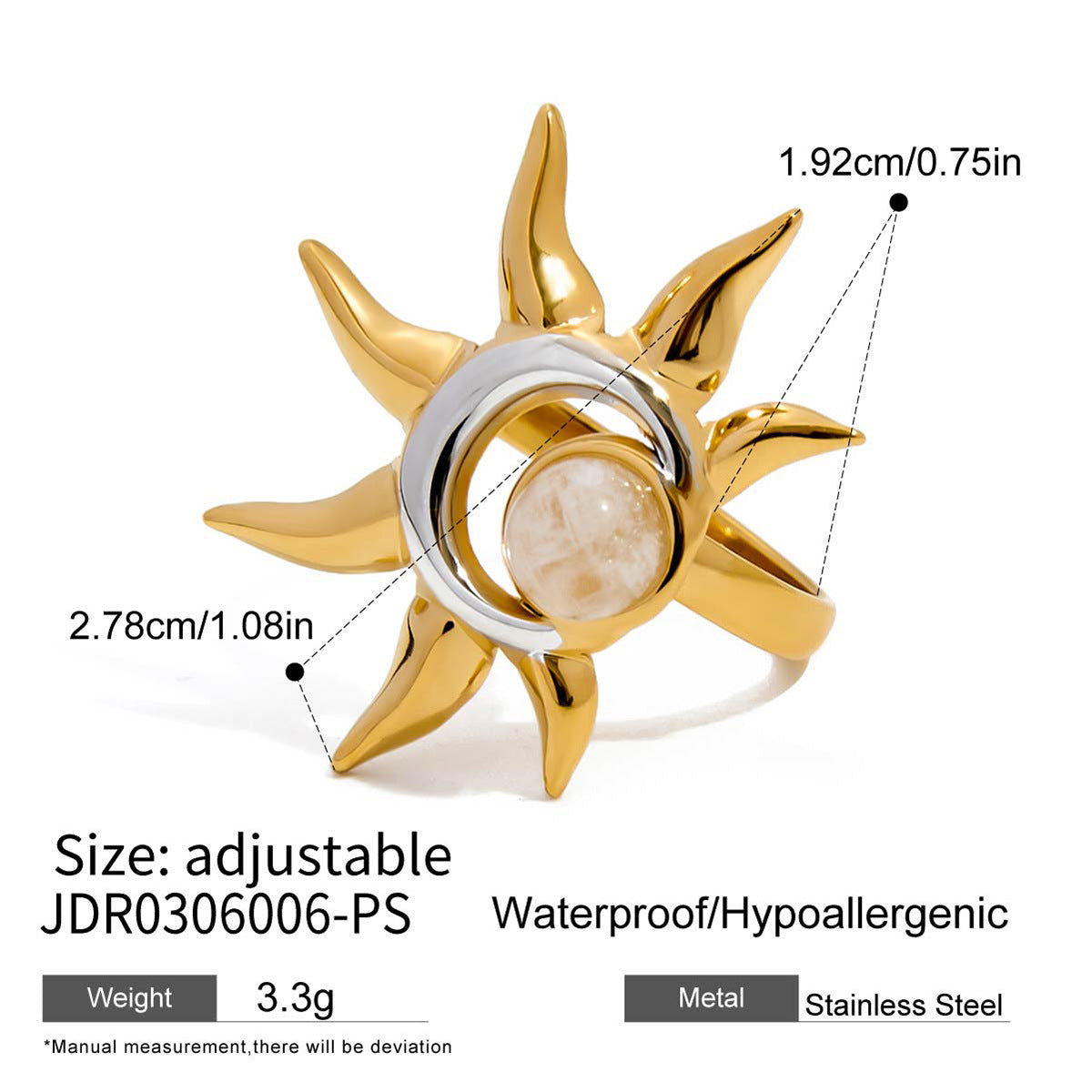 Fashion Geometric Sun 18K Gold Plated Stainless Steel Ring for Women