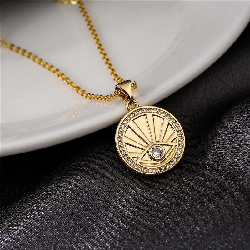 Minimalist Round Geometric Eye Pendant Gold Plated Brass Necklace for Women with Cable Chain