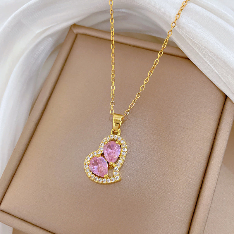 Sweet Minimalist Irregular Pink Heart Rhinestone Titanium Steel Necklace for Unisex