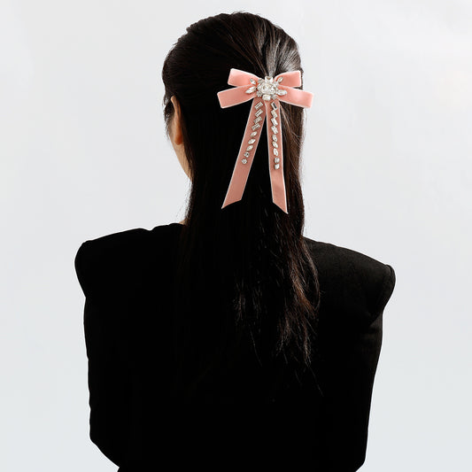 Sweet and Edgy Bow Hair Clip with Gold Velvet and Rhinestone Accents for Women
