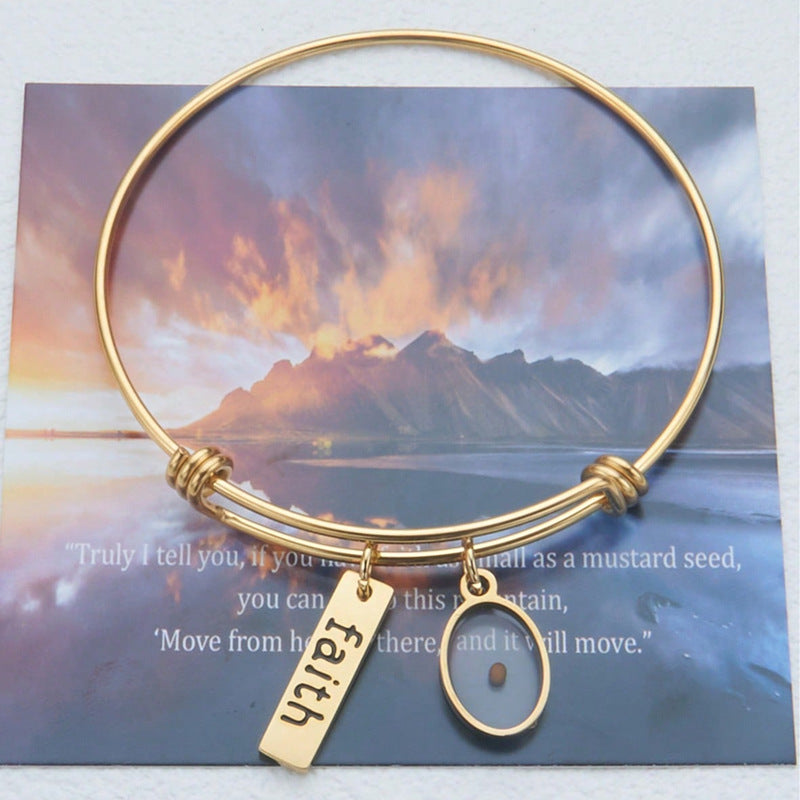 Adjustable Stainless Steel Faith Bracelet with Oval Charm in Minimalist Ins Style