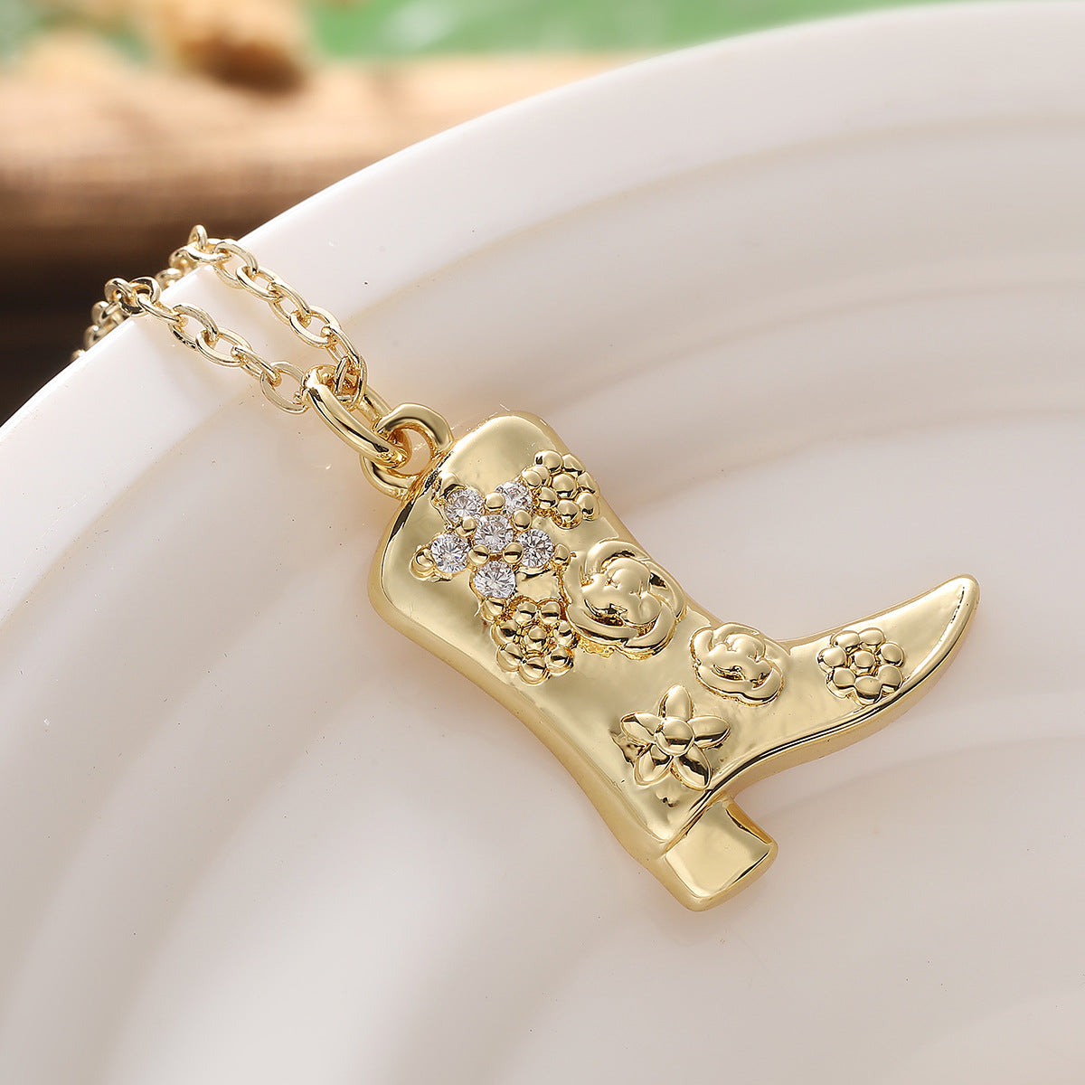 Vintage Minimalist Geometric Brass Gold Plated Cubic Zirconia Boot Pendant Necklace