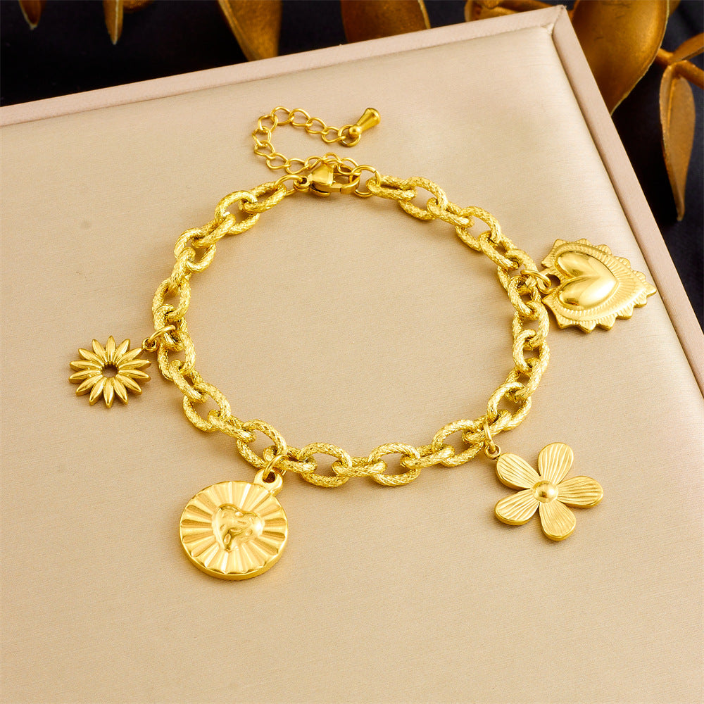 Elegante ciondolo per collana in acciaio inossidabile placcato oro, robusto, con design a cuore e floreale da donna