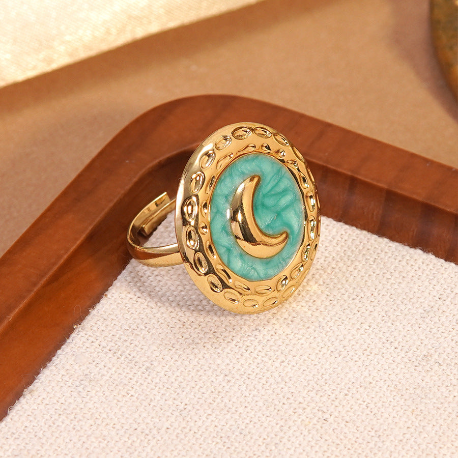 Elegant Geometric Moon Drip Oil Stainless Steel Ring for Women