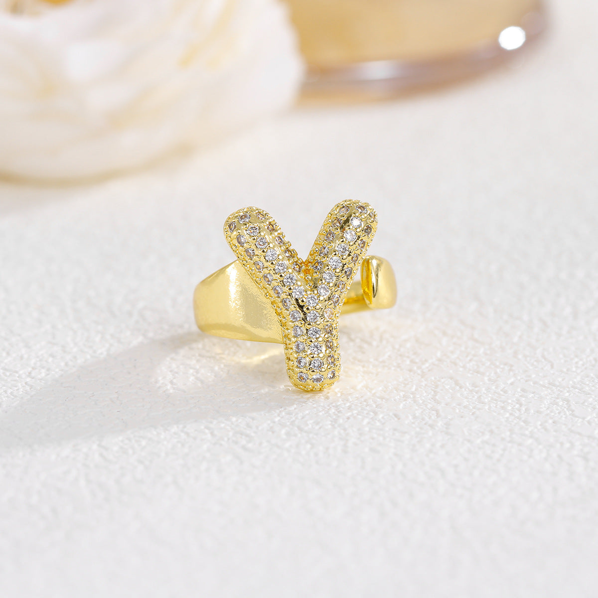 Sweet Plated Brass Letter Ring with Cubic Zirconia Adjustable Open Ring for Women and Men