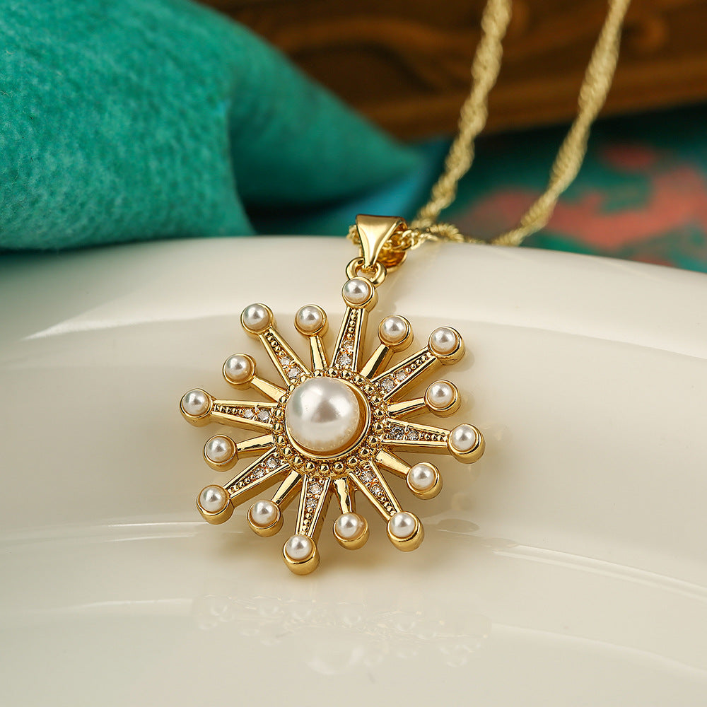 Collana pendente a stella minimalista in rame con zirconi e perle da donna