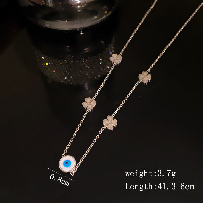 Elegant Evil Eye Four-Leaf Clover Double Layer Titanium Steel Necklace for Women