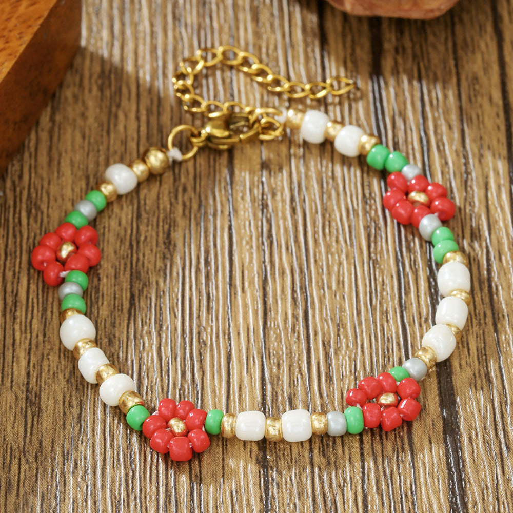 Vintage Handmade Geometric Floral Glass Bead and Pearl Bracelet for Women