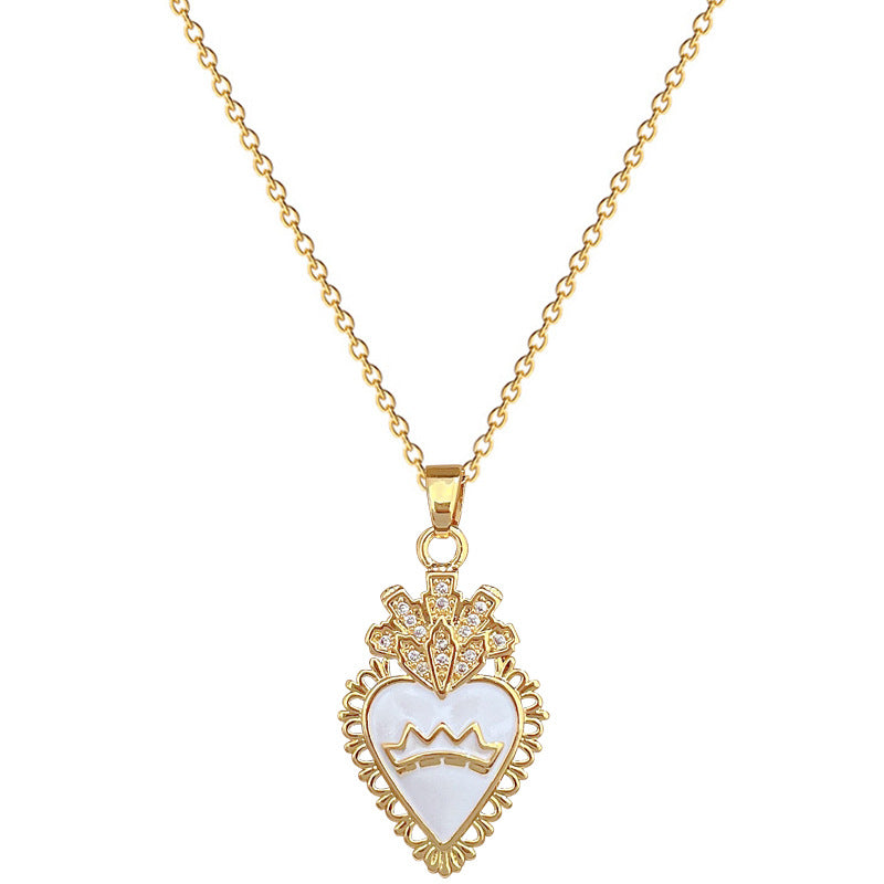Collana con Ciondolo a Corona Geometrica Minimalista da Donna con Catena in Acciaio al Titanio, Finitura Smaltata, Intarsio in Zirconia Cubica e Motivo a Luna