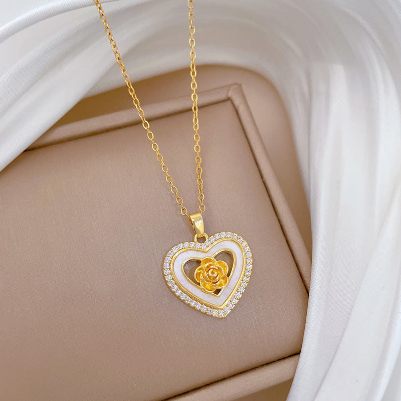 Sweet Elegant Heart Rose Shell Rhinestone Pendant Titanium Steel Necklace for Women