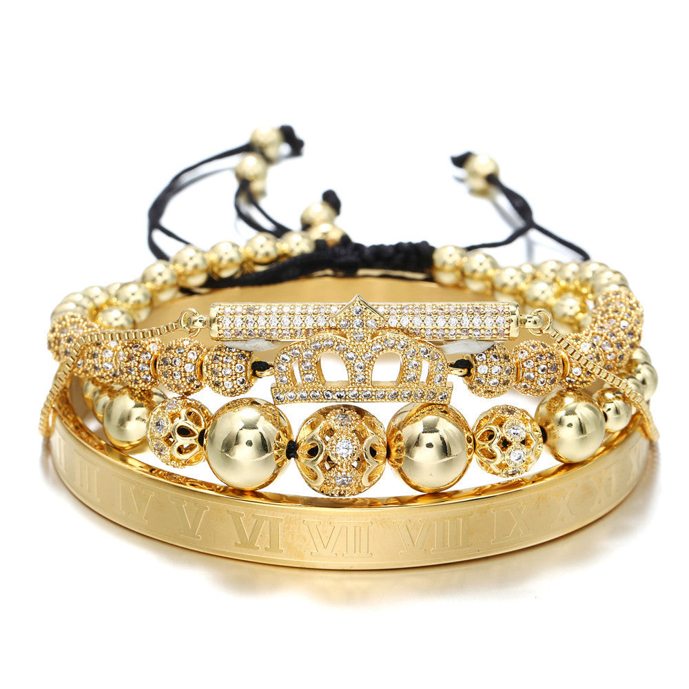 Gold Plated Brass Braided Crown Cubic Zirconia Bracelet Set for Unisex