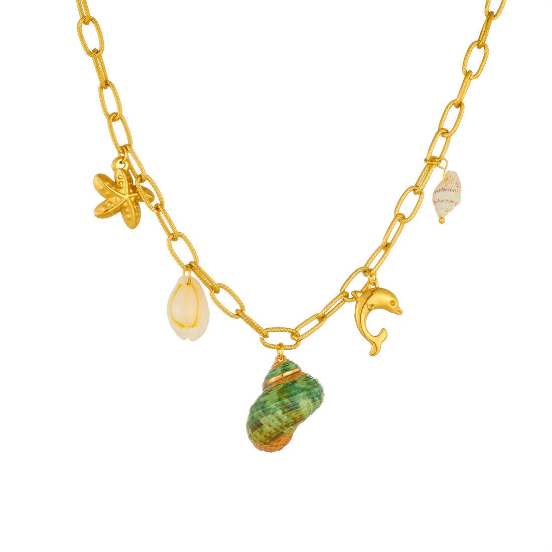 Vintage Gold Plated Animal Starfish Dolphin Shell Conch Pendant Stainless Steel Curb Chain Necklace for Women