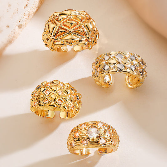 Vintage Minimalist Geometric Brass 18K Gold Plated Cubic Zirconia Inlay Wide Open Ring for Women