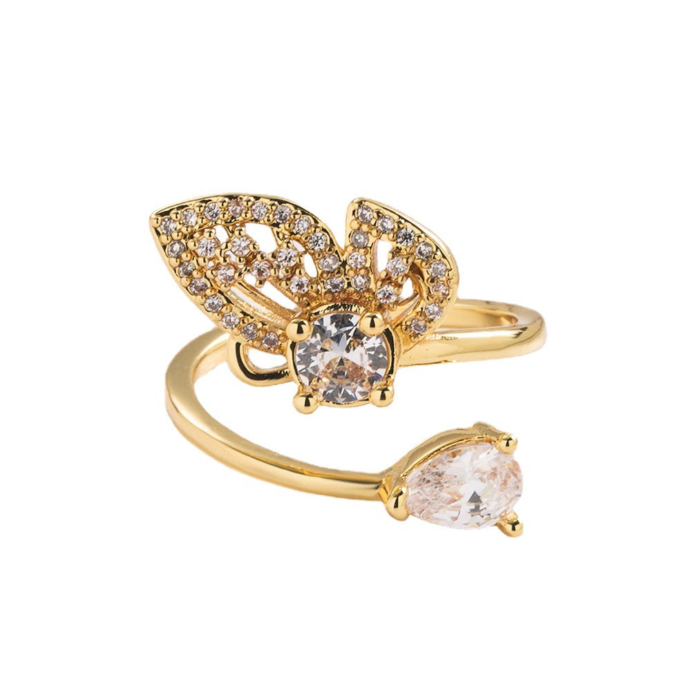 Elegant Butterfly-Shaped Geometric Open Ring for Women in Brass with Real Gold Plating, Micro-Pave Setting, Irregular Design