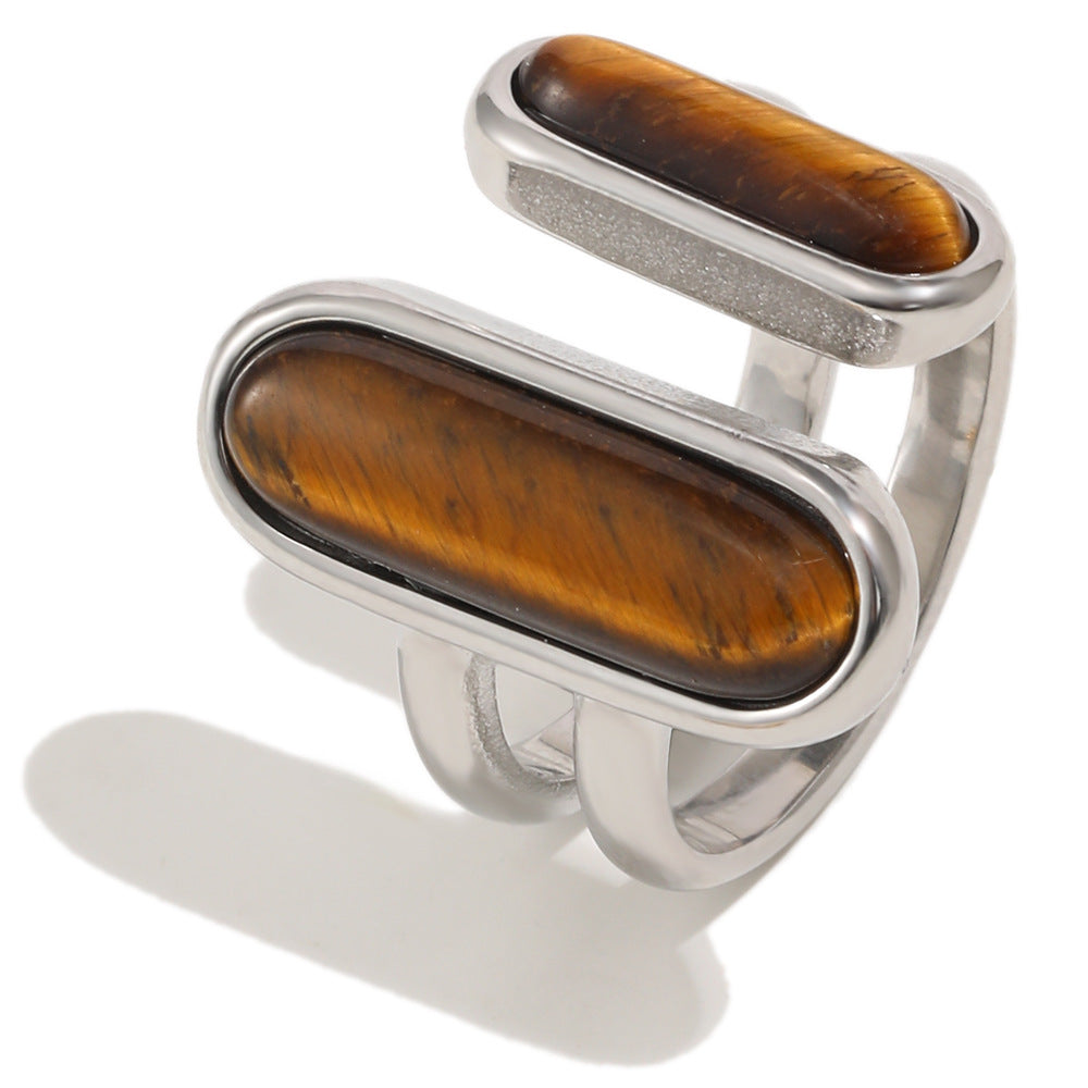 Minimalist Luxury 18K Gold Plated Stainless Steel Geometric Tiger's Eye Open Ring for Women