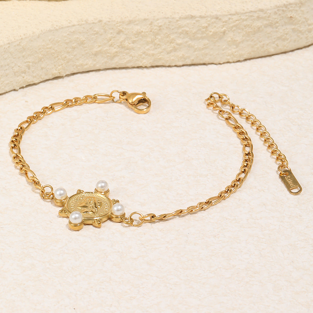 Pulsera de moneda de cadena Fígaro chapada en oro de acero inoxidable geométrica elegante vintage para mujer