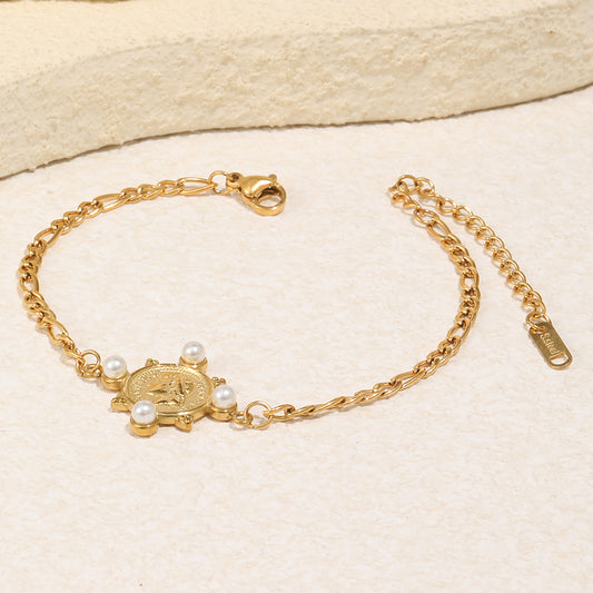 Bracciale da donna Vintage Elegante Geometria in Acciaio Inox Dorato con Catena Figaro e Moneta