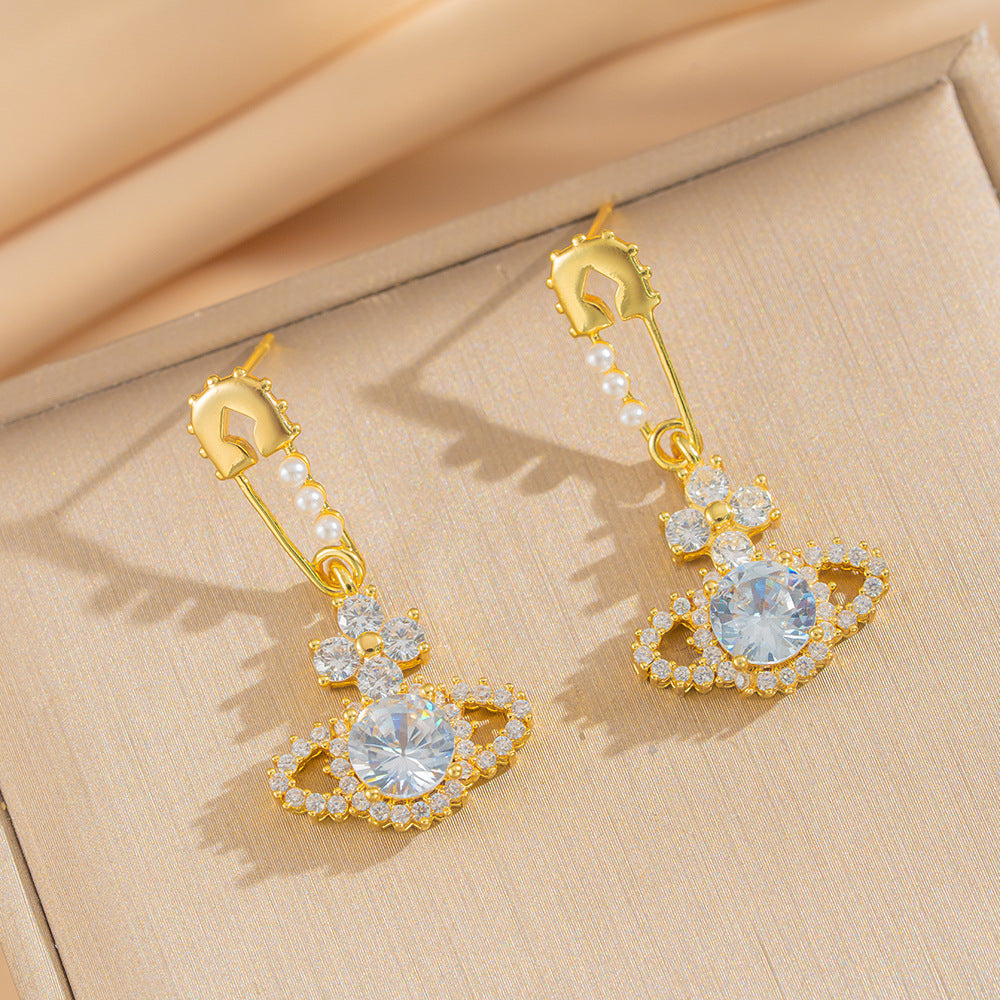 Luxury Geometric Saturn Stud Earrings for Women with Gold-Plated Copper Base and Zirconia Accents