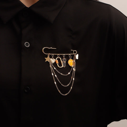 Spilla con Ciondolo a Nappa a Faccina Gialla Geometrica Stile Punk per Donna Realizzata in Lega con Finitura Placcata
