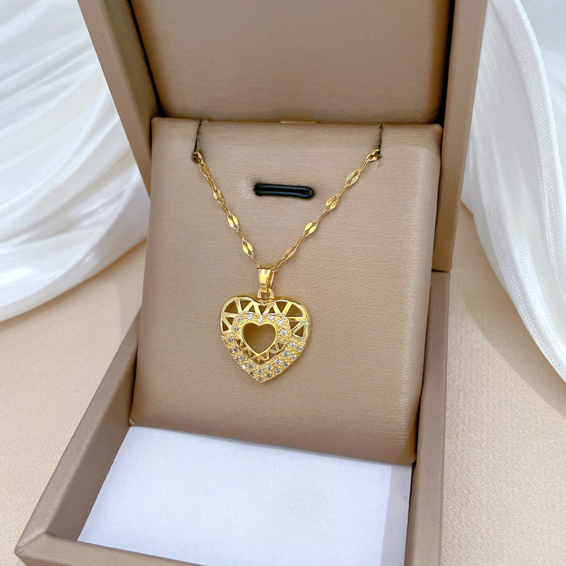 Minimalist Heart-Shaped Titanium Steel Necklace with Cubic Zirconia Inlay for Women and Men, Delicate Clavicle Chain