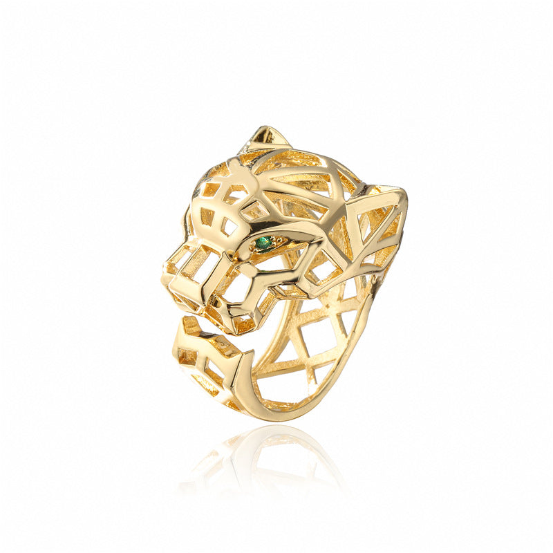 Anello regolabile in rame con motivo leopardato traforato, stile punk, placcato oro 18 carati e incastonatura micro-pavé