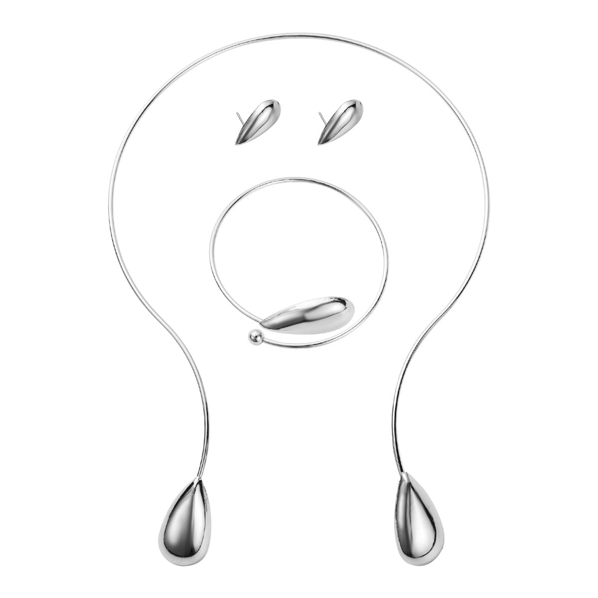Juego de gargantilla, pulsera y pendientes metálicos geométricos minimalistas en forma de lágrima con acabado galvanizado para mujer