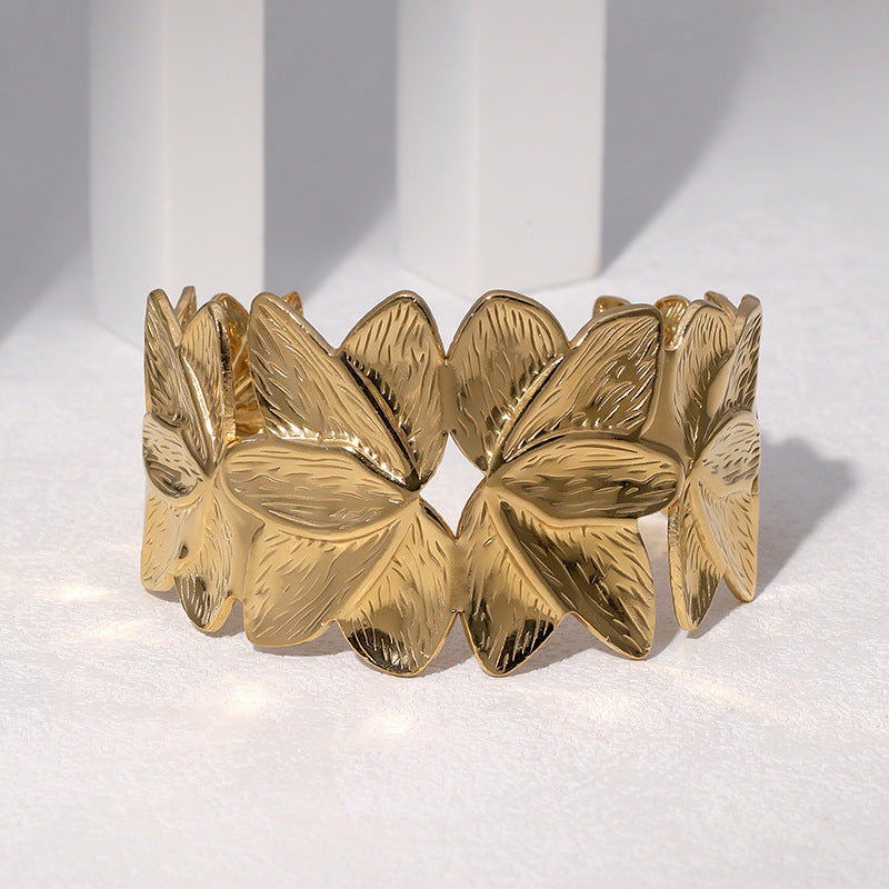Minimalist 18K Gold Plated Stainless Steel Petal Open Cuff Bracelet for Women Adjustable