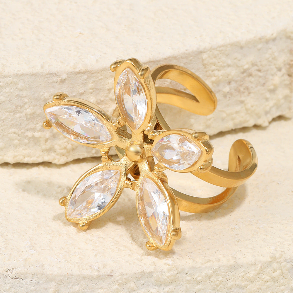 Minimalist Elegant 18K Gold Plated Stainless Steel Floral Cubic Zirconia Open Ring for Women