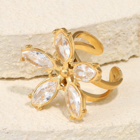 Minimalist Elegant 18K Gold Plated Stainless Steel Floral Cubic Zirconia Open Ring for Women