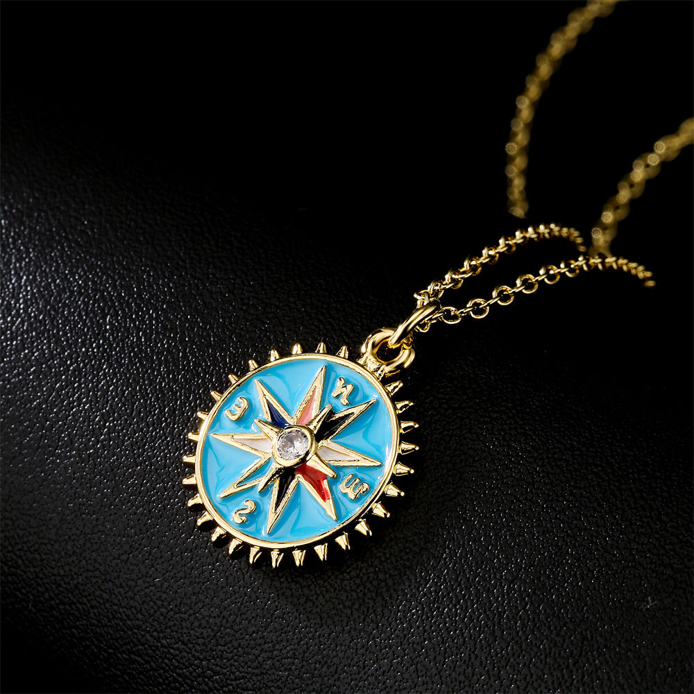 Casual Geometric Drip Oil Gold Plated Brass Compass Pendant Necklace with Cubic Zirconia