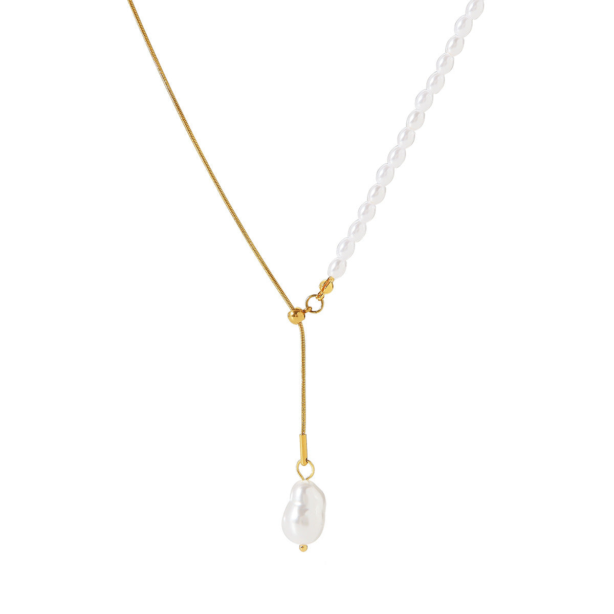 Minimalist Geometric Pearl Pendant Necklace for Women with Stainless Steel Snake Chain and Electroplated Finish