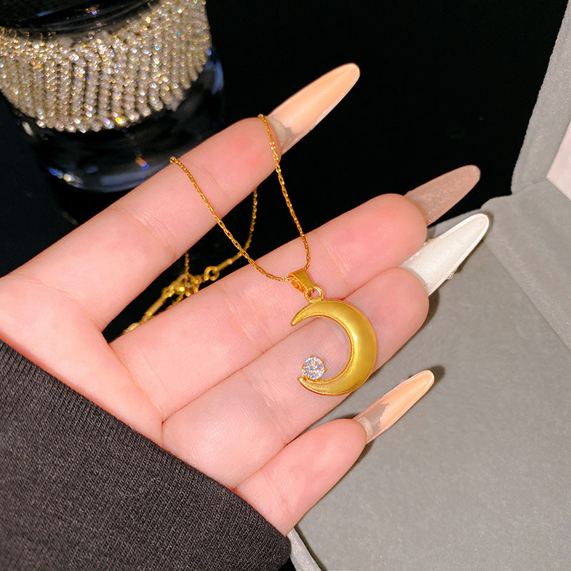 Sweet Minimalist Gold Plated Moon Cubic Zirconia Necklace Titanium Steel