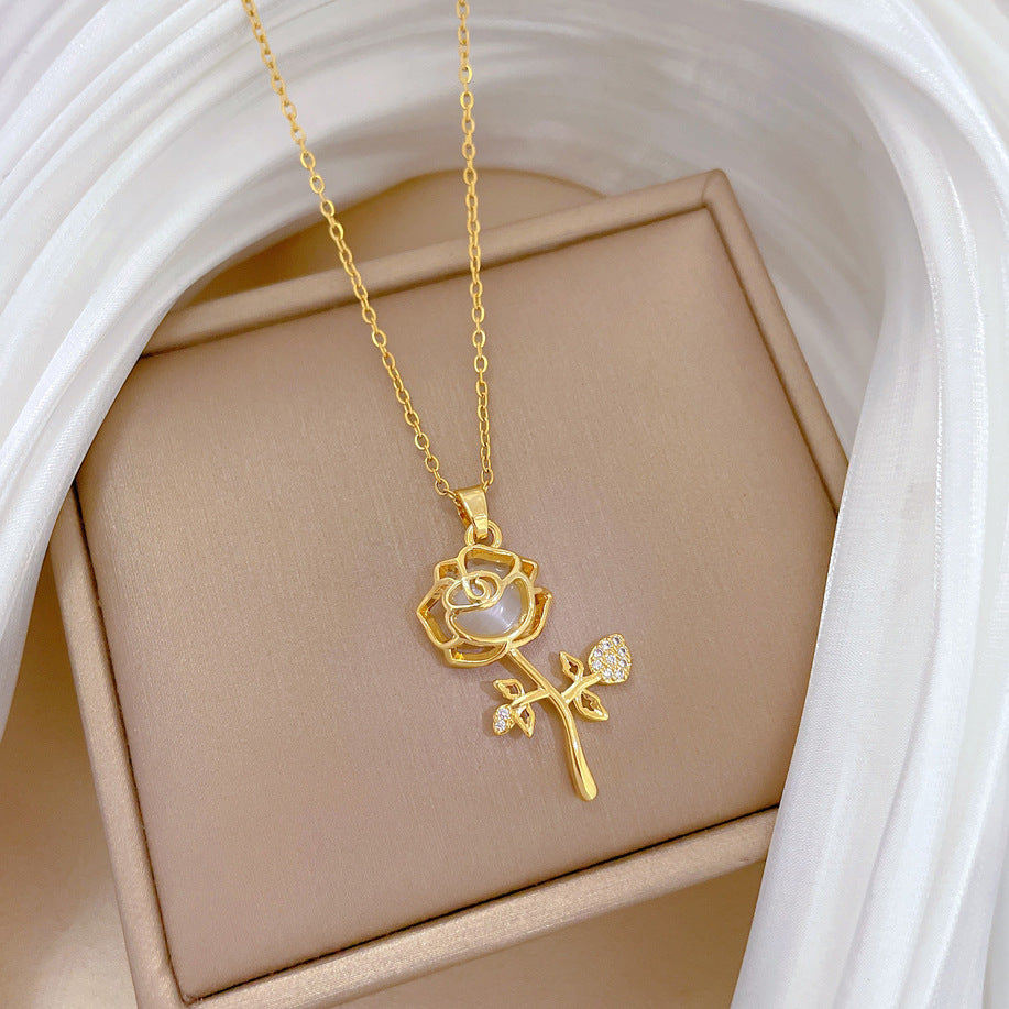 Sweet Floral Cat's Eye Rhinestone Necklace Titanium Steel Cable Chain for Women and Men