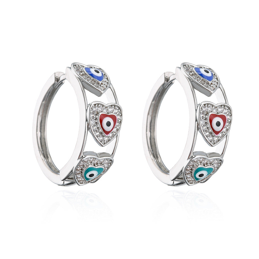 Orecchini da Donna a Cuore in Rame, alla Moda, con Micro-Incisione di Strass e Dettagli in Smalto