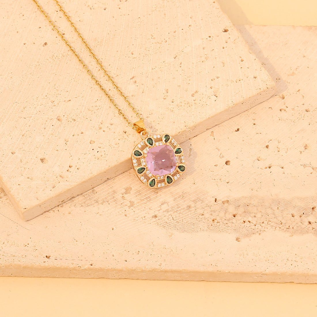 Vintage Geometric Square Pendant Necklace in Stainless Steel with Full Rhinestone Inlay
