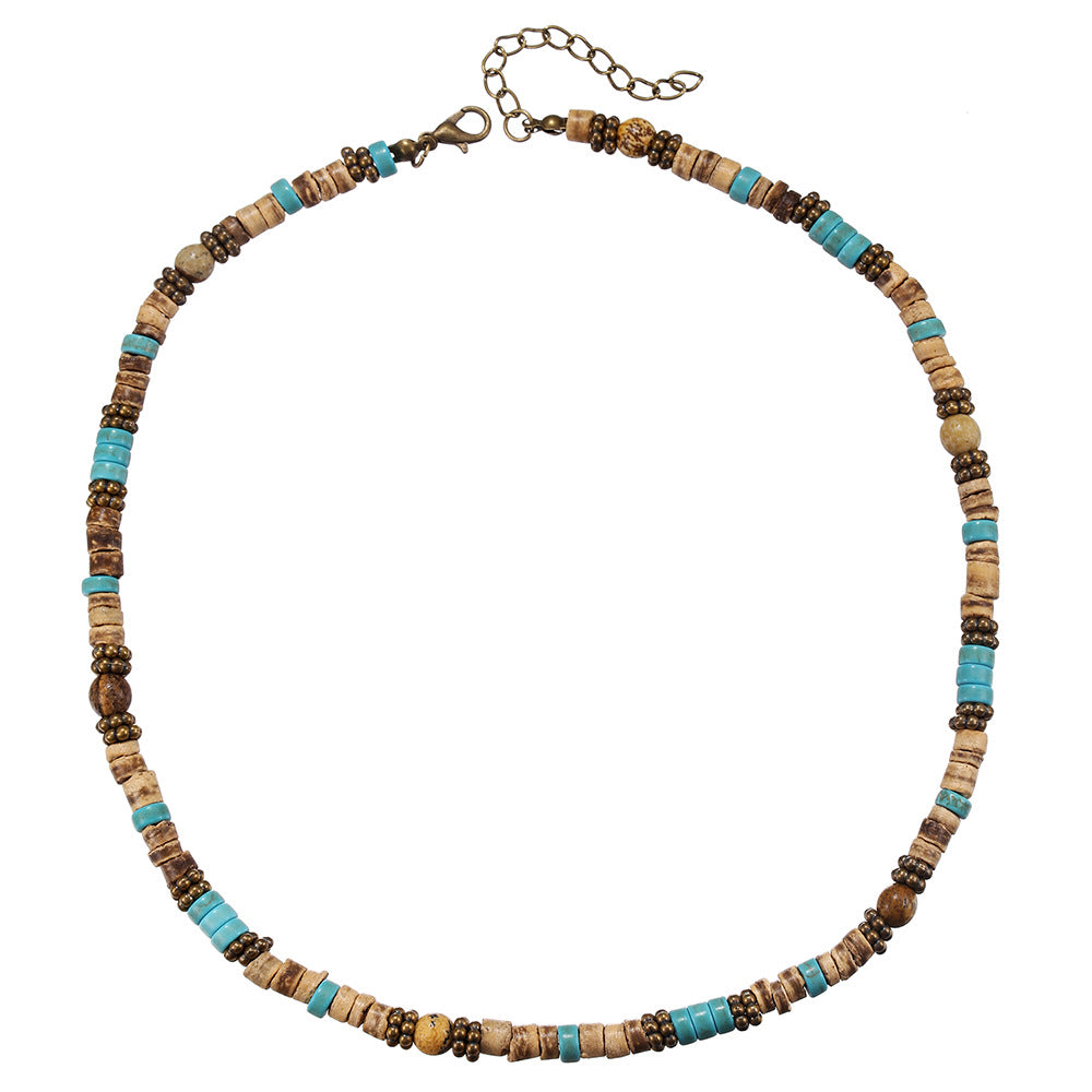 Bohemian Geometric Wood Turquoise Ball Chain Necklace Unisex