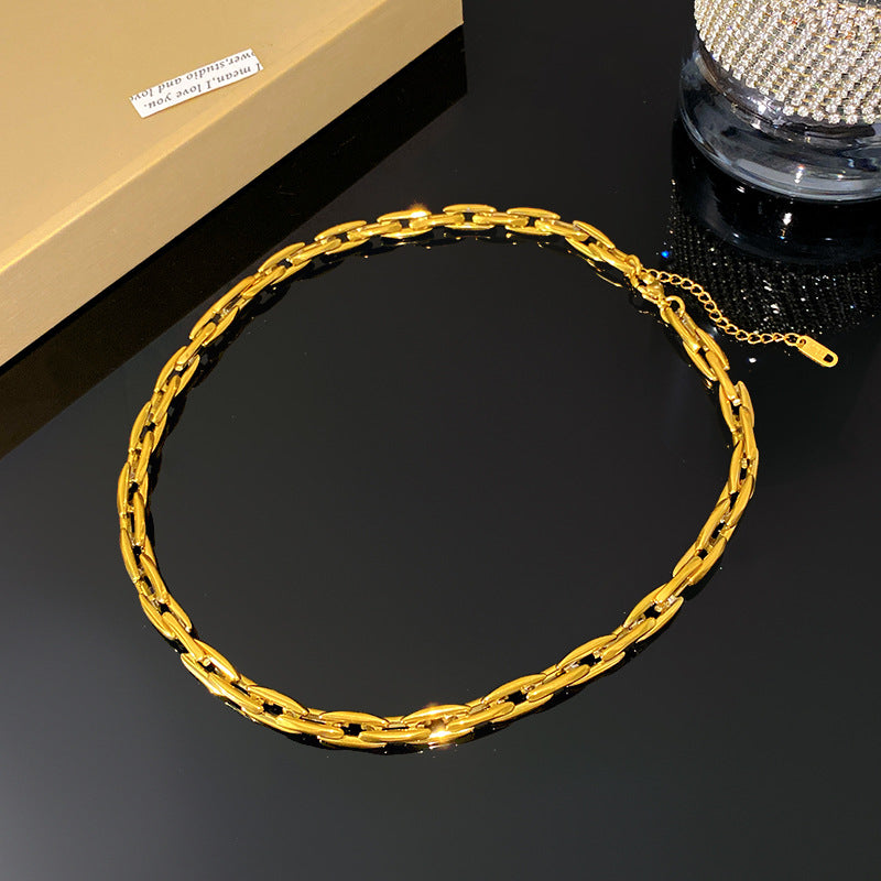 18K Gold Plated Titanium Steel Geometric Chain Necklace and Bracelet Set for Unisex