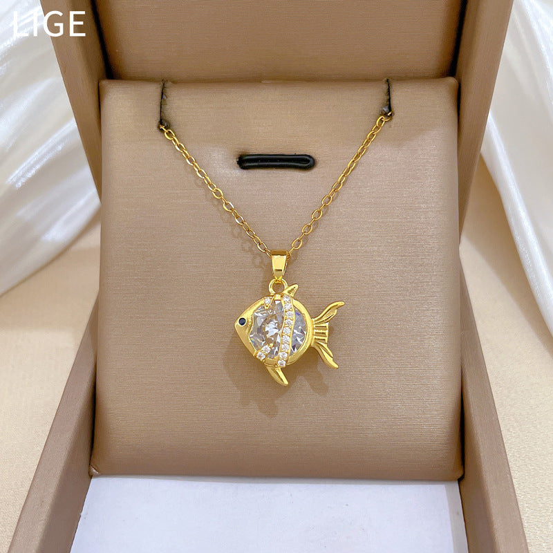 Sweet Minimalist Geometric Animal Cubic Zirconia Titanium Steel Necklace for Unisex