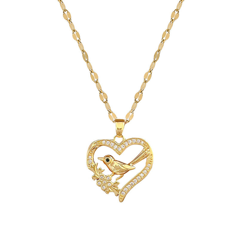 Luxury Rhinestone-Encrusted Titanium Steel Heart-Shaped Bird Pendant Necklace for Women, Adjustable Length, Elegant Clavicle Chain for Wedding and Formal Events