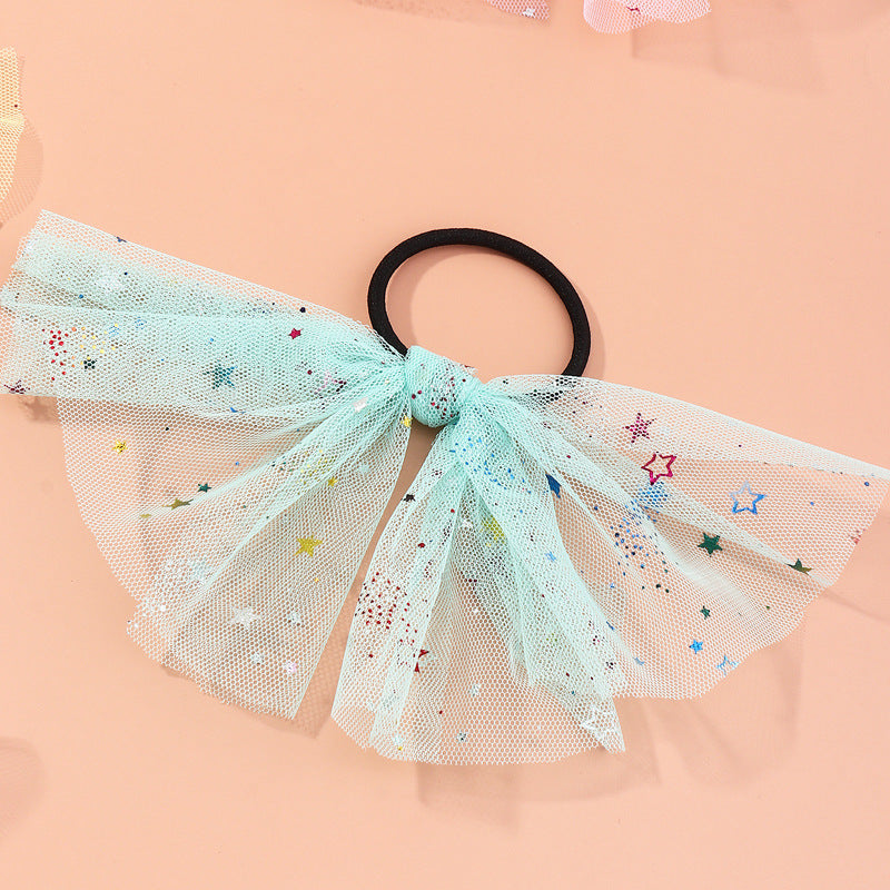 Fermacapelli vintage coreano con stella e fiocco per bambine, con tulle e paillettes