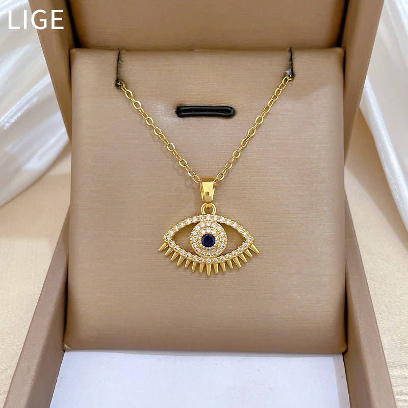Sweet Geometric Moon Rhinestone Pendant Titanium Steel Necklace for Unisex